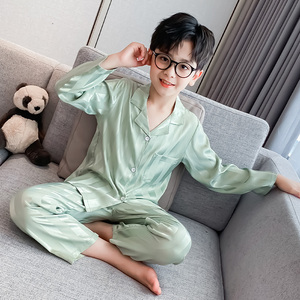 儿童冰丝睡衣薄款长袖春秋男童中大童真丝家居服套装夏款丝绸套装