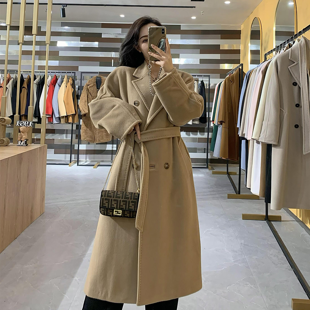 NV家101801羊毛双面呢羊绒双排扣中长款大衣外套女驼色秋冬2022厚
