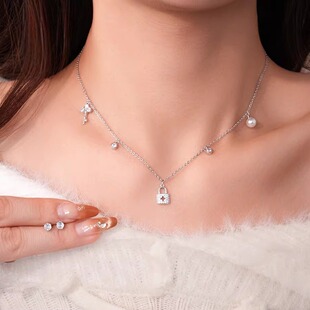 电镀锆石钥匙锁吊坠珍珠2025年耳钉项链轻奢小众锁骨链百搭项饰