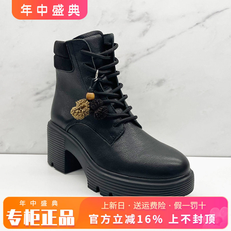正品KISSCAT接吻猫女靴2025冬季新款羊皮粗跟系带短靴KA65728-52