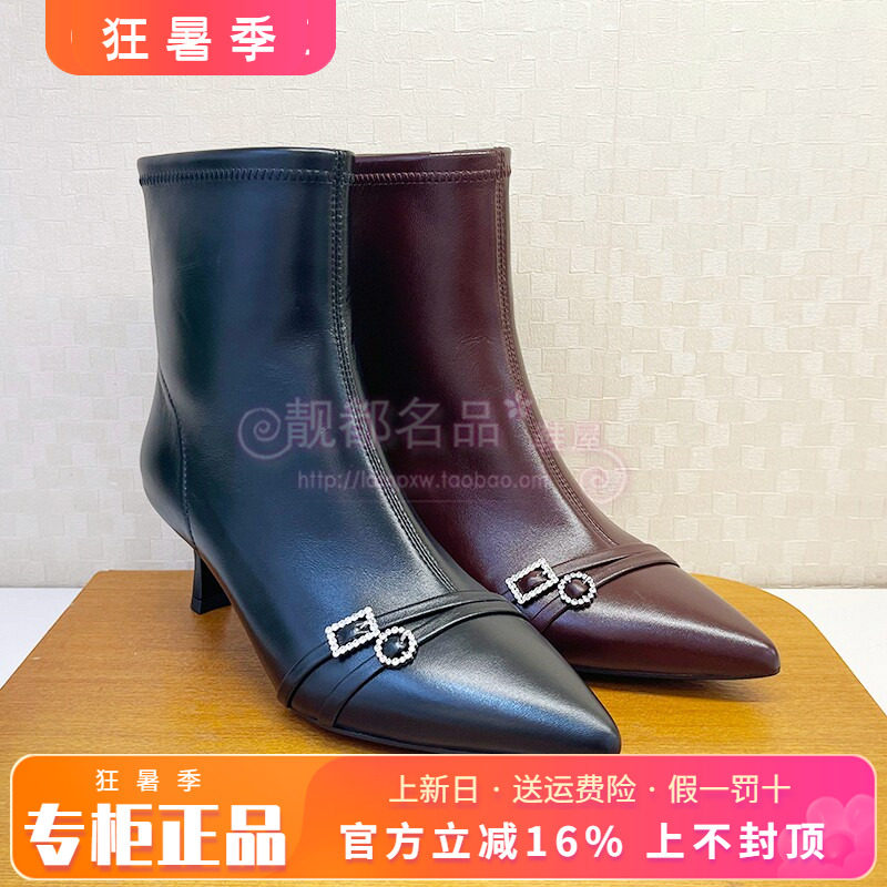 正品蹀愫ts女鞋2025秋季新款羊皮中跟细跟尖头短靴TA65715-51