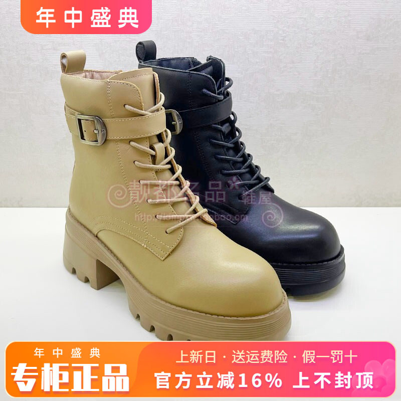 正品KISSCAT接吻猫女靴热销冬季新款牛皮粗跟绒里短靴KA54797-50
