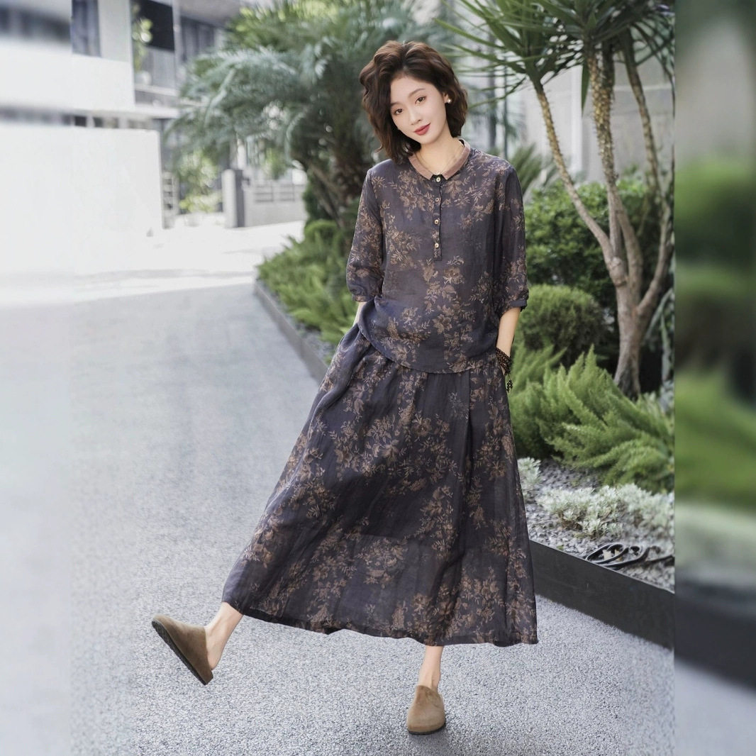 大码高端纯苎麻小上衣女夏砂洗宽松半身裙子文艺复古显瘦两件套装