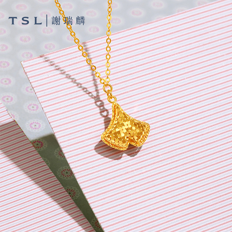 TSL谢瑞麟立体闪耀金系列黄金项链银杏叶5G足金项链计价黄金XQ335