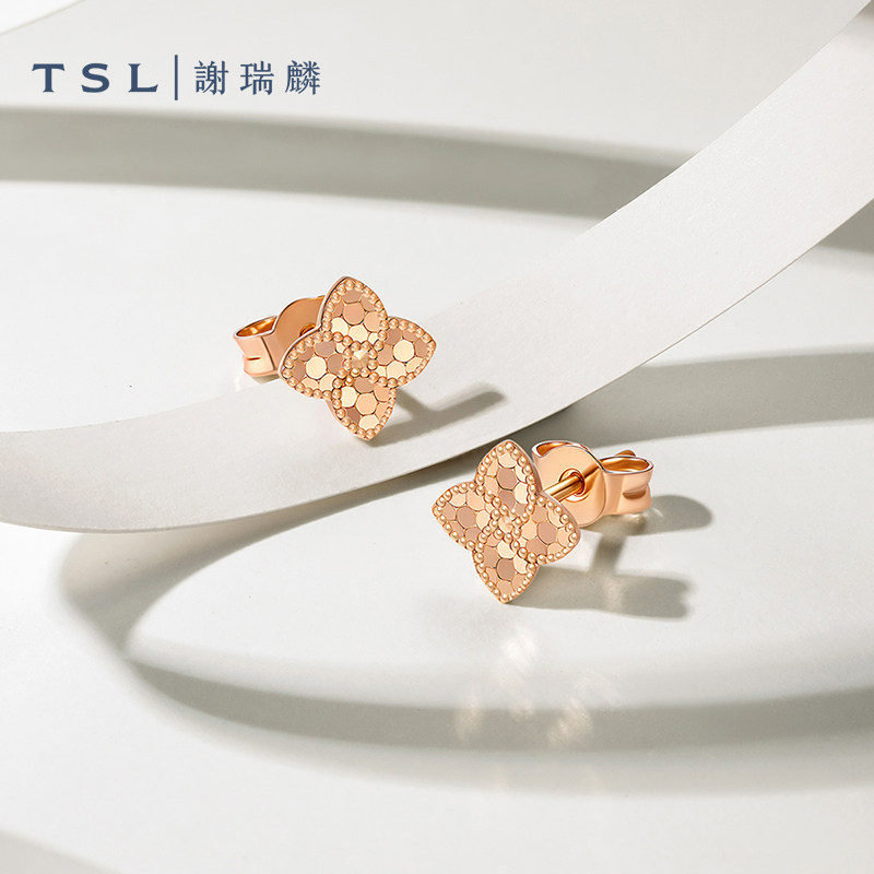 TSL谢瑞麟风车花时尚系列18K金耳钉花形玫瑰金耳饰女士耳环BF350