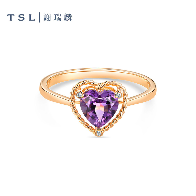 TSL谢瑞麟几何魅力晶石系列爱心紫水晶钻石石戒指女士63896-63894