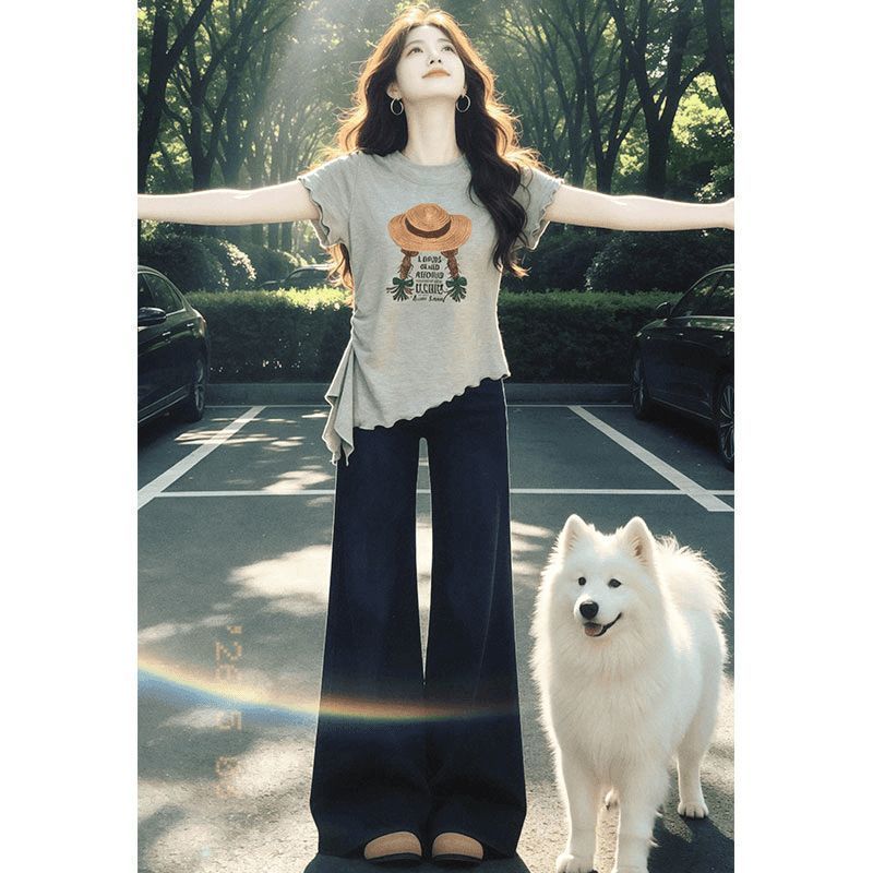浅灰草帽辫子印花不规则短袖t恤女2026新款夏季韩系ins设计感上衣