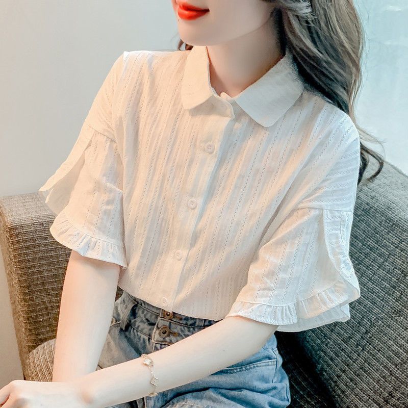 白色短袖衬衫女高级感轻奢荷叶边上衣2026夏季新款法式喇叭袖衬衣