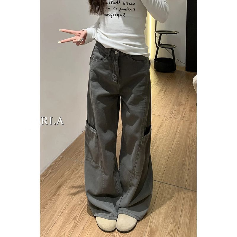 灰色阔腿工装裤女秋季新款胖mm大码宽松梨型身材显瘦直筒牛仔裤子