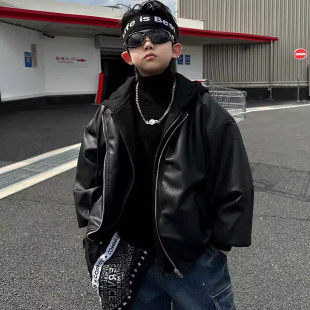 法国Anseola男童加棉皮衣2026冬季假两件连帽夹克外套儿童机车棉