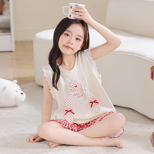 法国Anseola夏季纯棉无袖背心女童睡衣儿童薄短袖2026新款大童女