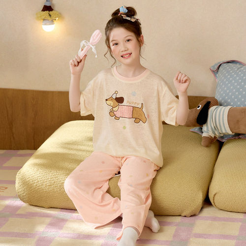法国Anseola女童夏季睡衣儿童薄款短袖长裤雪花棉卡通中大童女孩