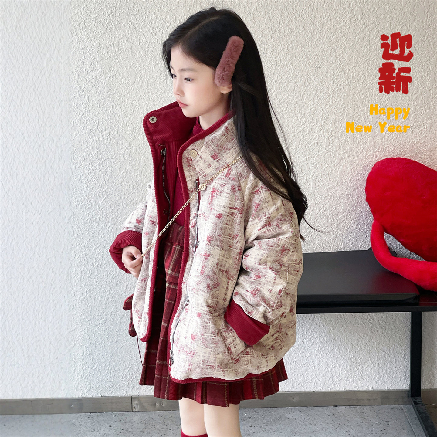 法国Anseola女童立领羽绒服短款加厚红色格子拼接大童外套拜年服,童装/婴儿装/亲子装,羽绒服,淘宝优惠券,粉丝福利购,淘宝优惠卷