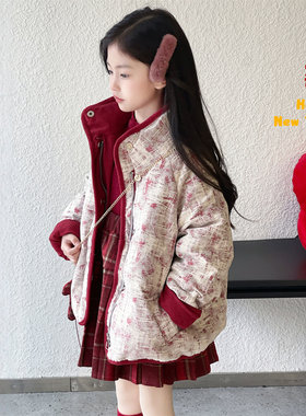 法国Anseola女童立领羽绒服短款加厚红色格子拼接大童外套拜年服