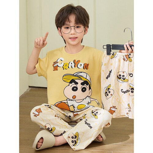法国Anseola儿童睡衣男童短袖长裤三件套纯棉春夏季中大童卡通小