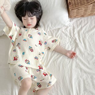 短裤 男女儿童短袖 纯棉纱布宽松 夏季 法国Anseola卡通超人亲子睡衣