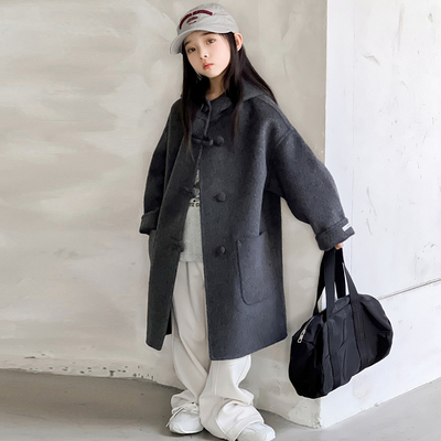 法国Anseola儿童双面羊绒大衣女童中大童羊毛呢外套呢子厚中长款