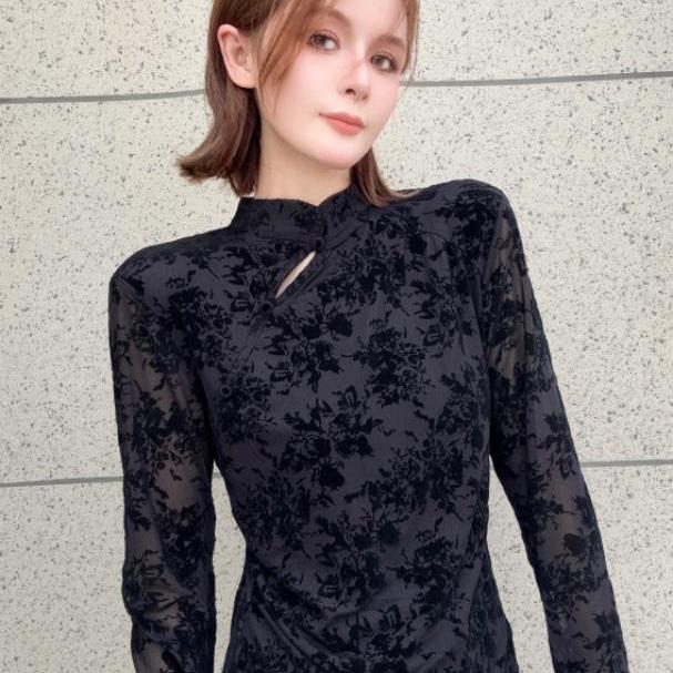 复古国风植绒上衣女士秋冬季半高领盘口新中式网纱修身打底小衫