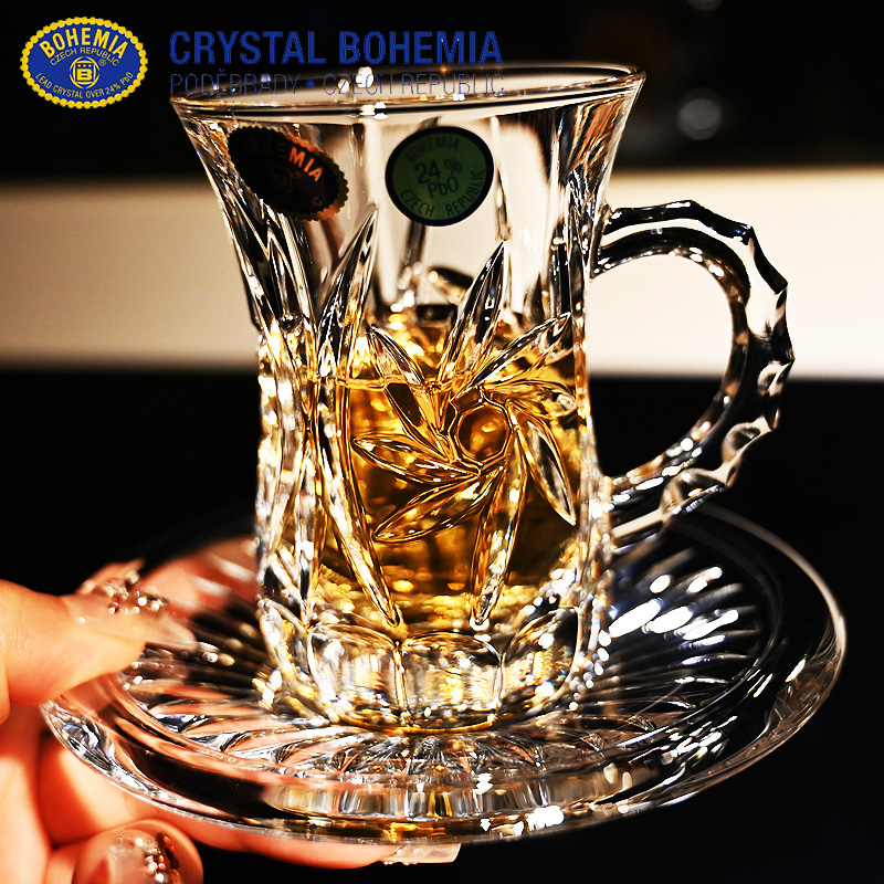 捷克BOHEMIA进口水晶玻璃家用带碟子咖啡杯卡布奇诺花茶杯子套装
