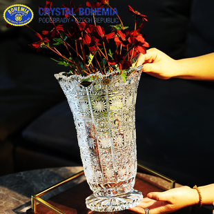 捷克进口BOHEMIA手工精刻水晶玻璃花瓶客厅轻奢果盘果斗花器摆件