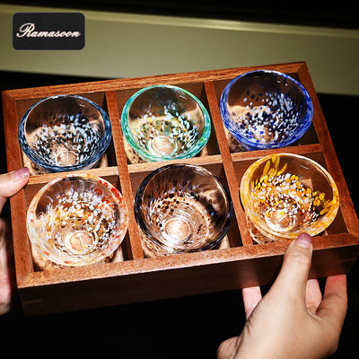 日式创意九宫格彩色玻璃杯多款清酒杯冰酒杯果酒桃花酒杯米酒杯子