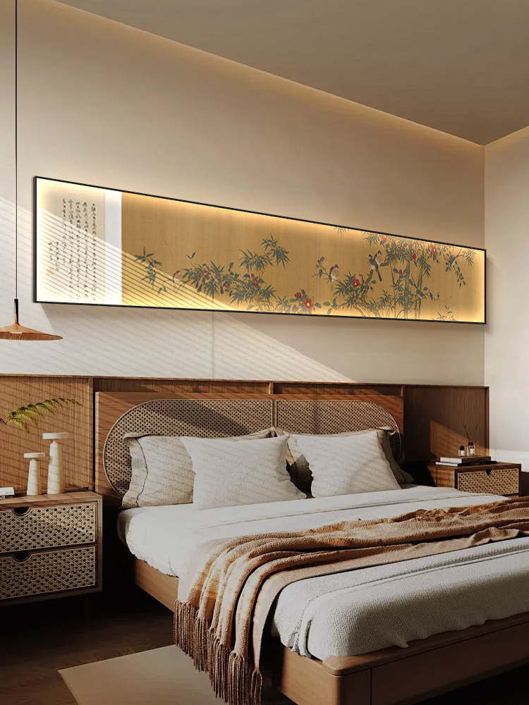 宋式美学卧室装饰画复古花鸟床头背景墙led壁灯画高级感横版挂画