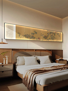 宋式美学卧室装饰画复古花鸟床头背景墙led壁灯画高级感横版挂画