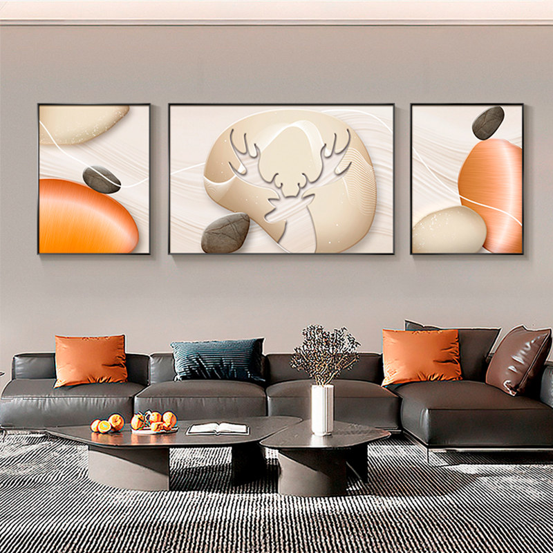 时来运转客厅沙发背景墙装饰画现代简约好寓意三联组合挂画鹿壁画