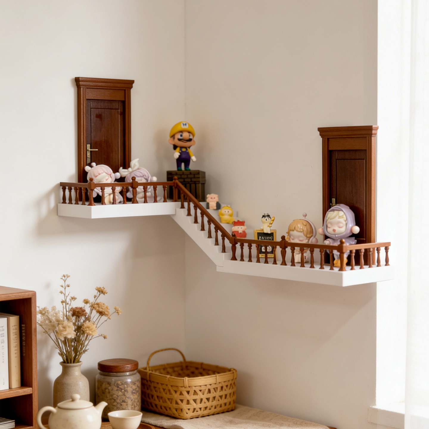 转角萌粒手办置物架盲盒收纳展示架创意微景观立体发光楼梯陈列架