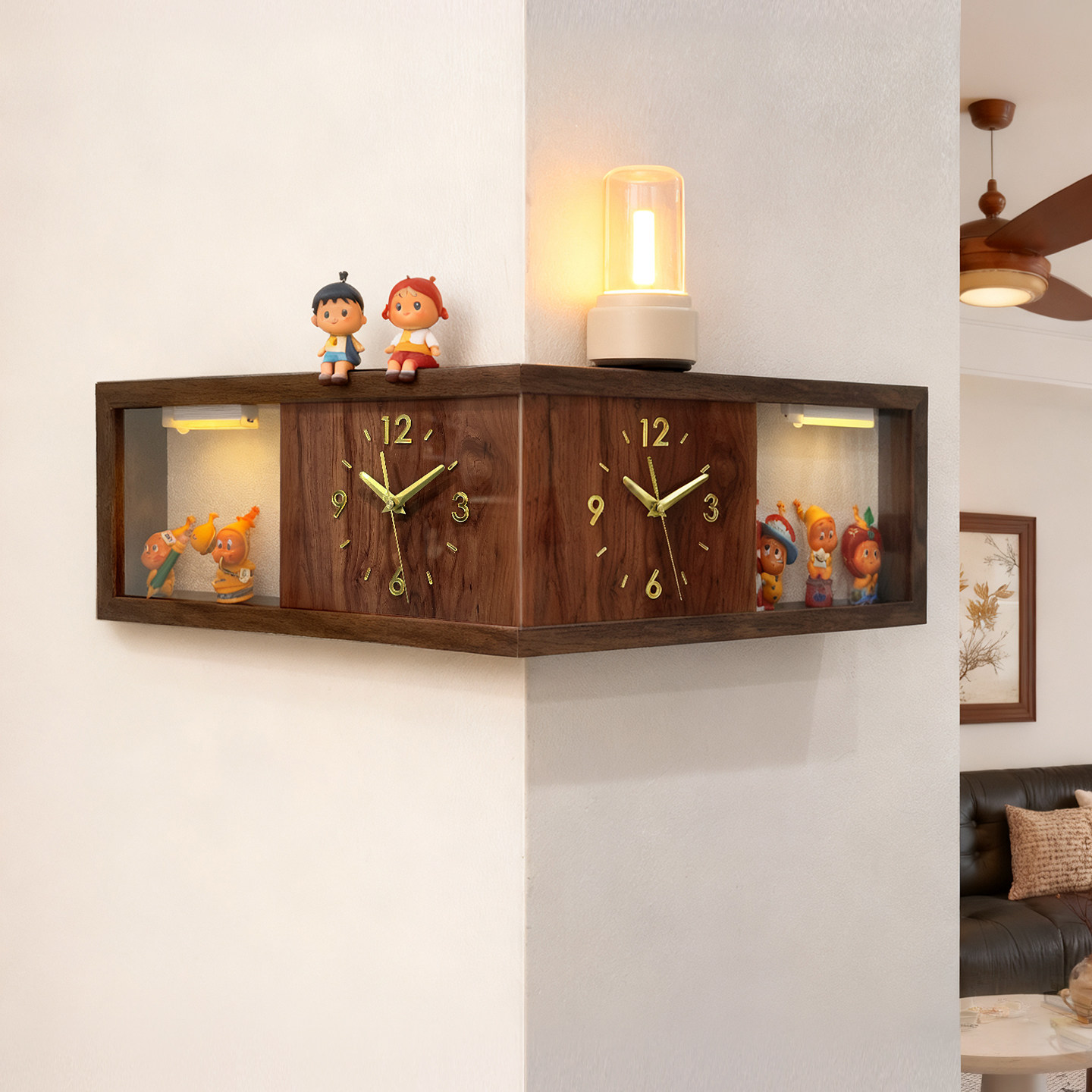 国补盲盒收纳展示架转角双面时钟带防尘萌粒手办置物架创意陈列架