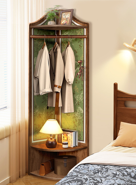 转角实木衣帽架中古风卧室床边放衣架简易置物架小型落地挂衣架子