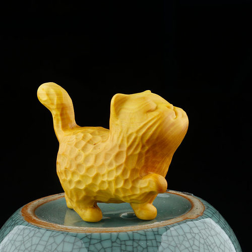 精美新中式黄杨木创意迎风小猫