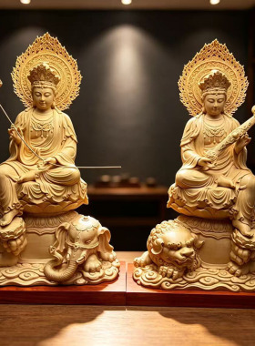 桧木雕刻文殊普贤佛像摆件供奉
