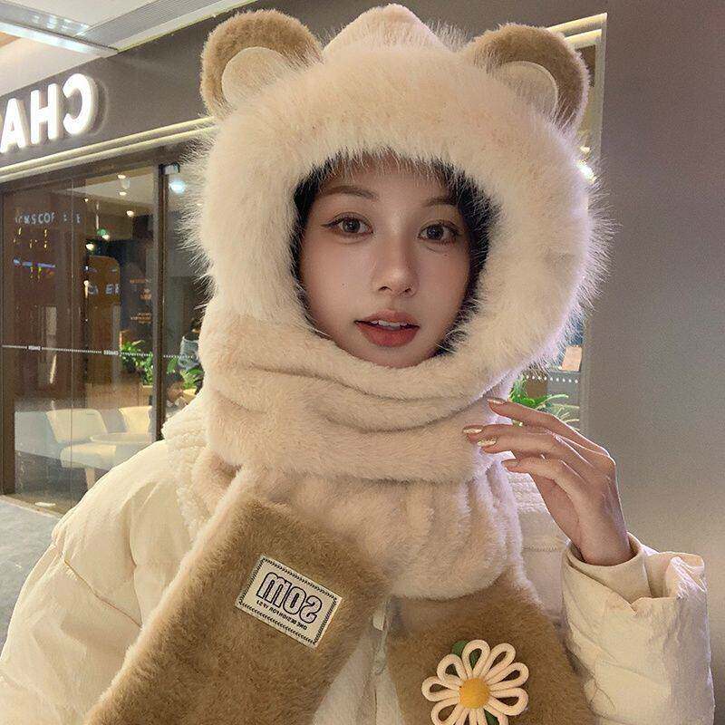 时尚可爱小熊围巾手套一体毛绒帽子女显脸小户外防寒保暖护耳帽潮