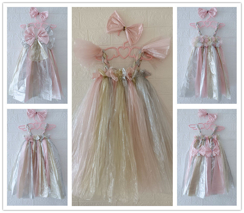 女童淡浅色环保裙子幼儿园时装周母女亲子环保演出走秀塑料袋衣服