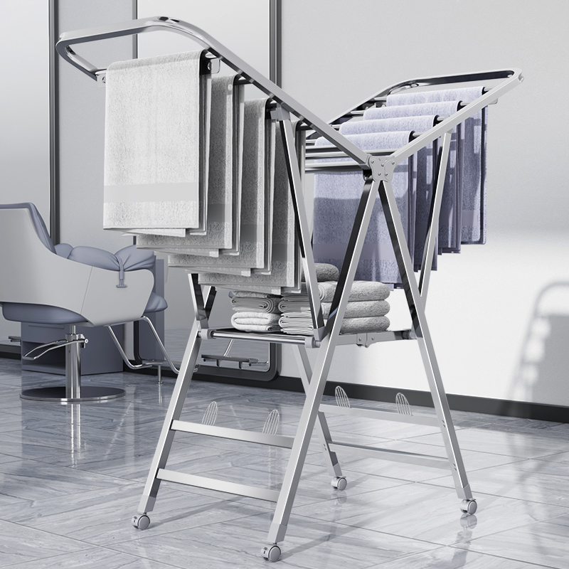 毛巾架美发店专用理髲店落地式晒衣架不锈钢折叠美容院移动晾衣架