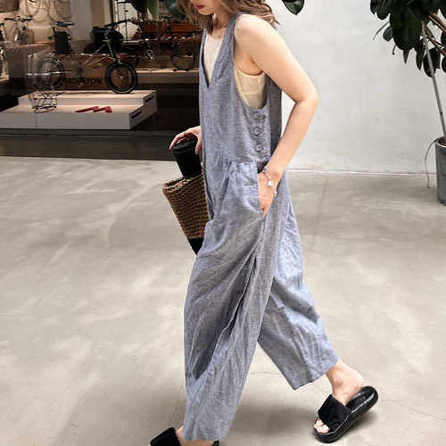 棉麻小众减龄大码复古背带连体裤