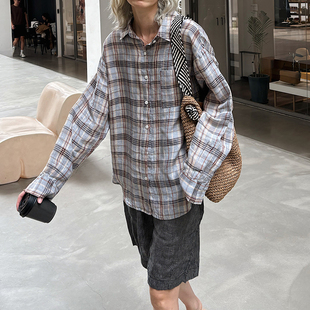 韩国单 衬衫 老钱复古慵懒风格 长袖 纹100%色织亚麻大码 秋冬新女