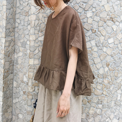 春夏女日系大码娃娃亚麻短袖衬衫