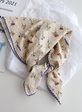 小方巾三角包头巾棉丝巾春秋夏季护颈围脖子女碎花发带薄纱巾围巾