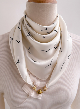 白色磁吸扣小方巾丝巾女春秋夏季搭配衬衫护颈围脖子薄围巾70x70