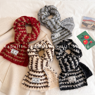 小香针织毛线钩花加厚围巾女学生韩系条纹护颈短小围脖送女友礼物