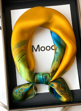 千里江山图真丝桑蚕丝黄色小方巾丝巾女冬季护颈围脖子围巾70x70