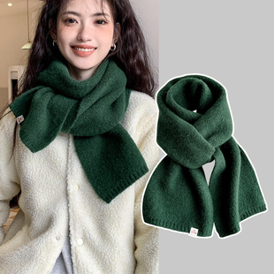 针织毛线围巾男女生情侣韩版秋冬季纯色墨绿色仿羊绒短小围脖护颈