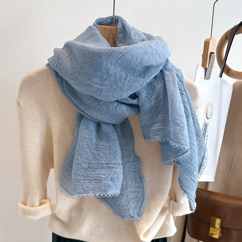 棉麻丝巾围巾褶皱文艺女春秋