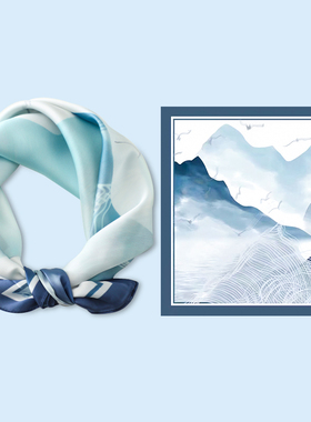 蓝色油画小方巾丝巾女春秋冬季护颈围脖子薄围巾搭配衬衫职业装饰