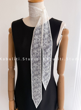 白色蕾丝法式细窄小长条丝巾女扎头发带丝带护颈围脖子领巾薄围巾