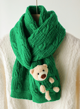针织粗毛线小熊围巾女学生冬季纯绿色儿童短围脖加厚保暖可爱少女