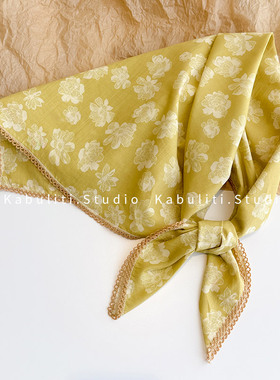 黄色小方巾丝巾女三角包头防晒护颈围脖子领巾发带纯棉纱巾薄围巾