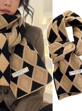 针织毛线小围巾女生秋冬季驼色菱格子百搭围脖厚保暖韩版2025新款